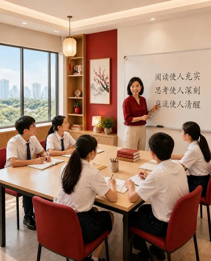 Illustration of a teacher leading a small secondary Chinese class in a bright classroom