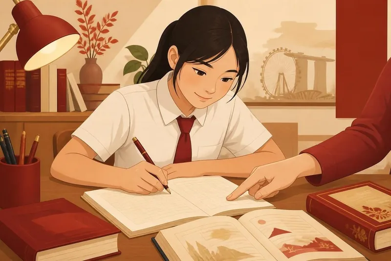 Illustration of a student writing a Chinese composition while the teacher guides