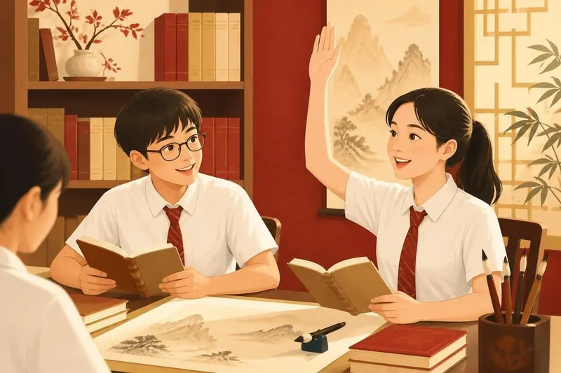 Illustration of students discussing a Chinese text together in a Higher Chinese lesson