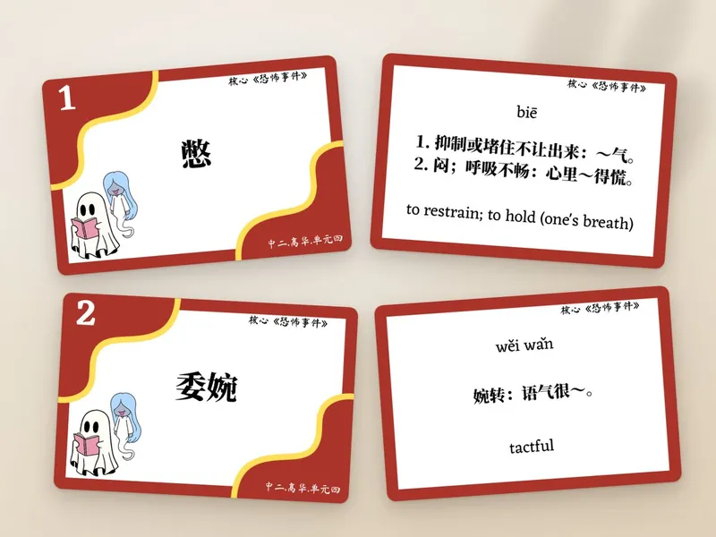 Ms Tay's Higher Chinese vocabulary cards for 憋 and 委婉, front and back
